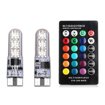 LED T10 W5W лампа в автомобіль 2шт з пультом ДУ, 6 SMD 5050, 16 кольорів