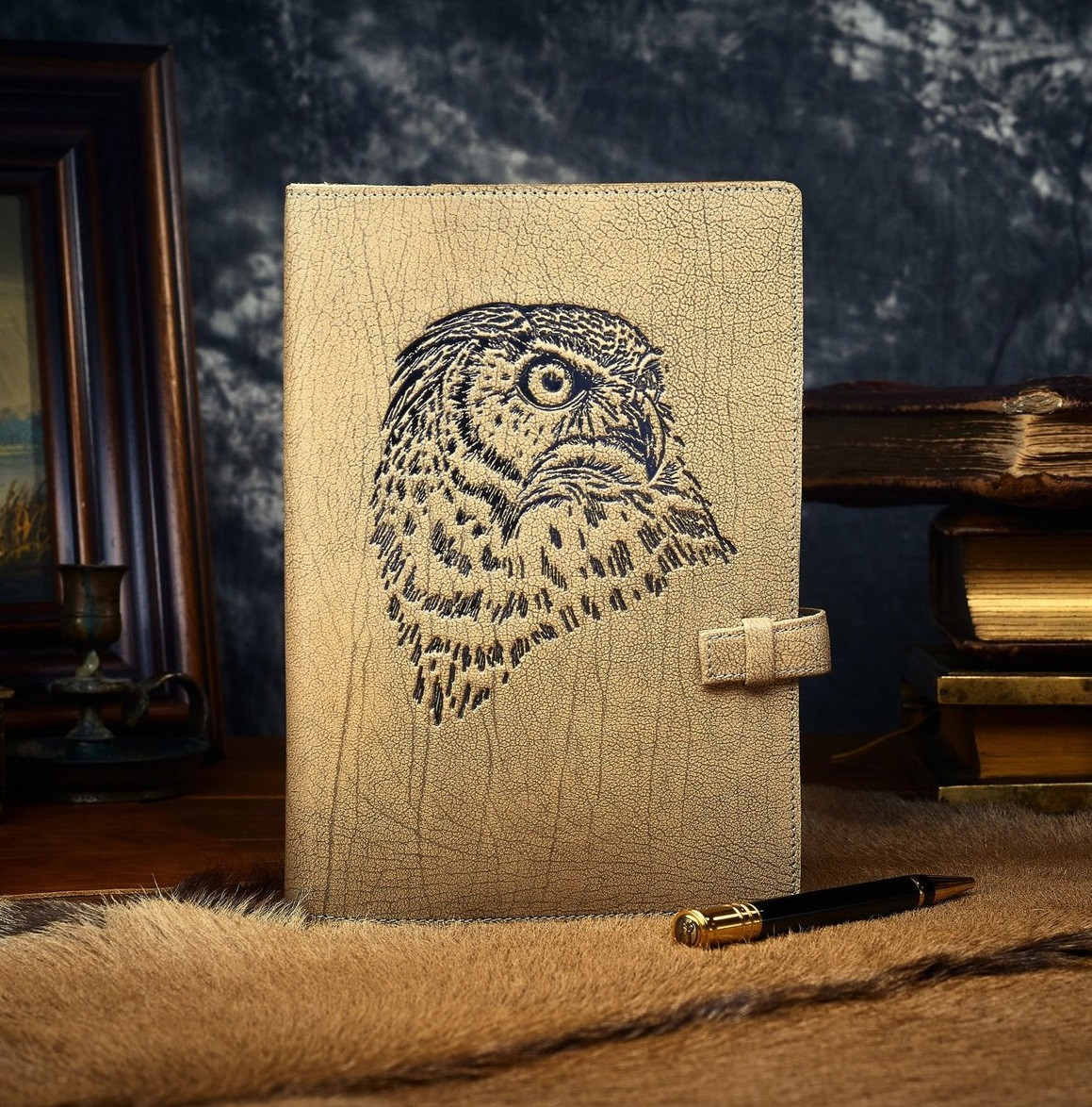 Щоденник А5 формату в шкіряній обкладинці "Сова". Колір бежевий, фото 1