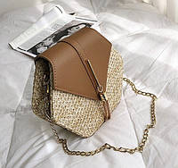 Женская плетеная сумка мини на цепочке, соломенная маленькая сумка шестигранная