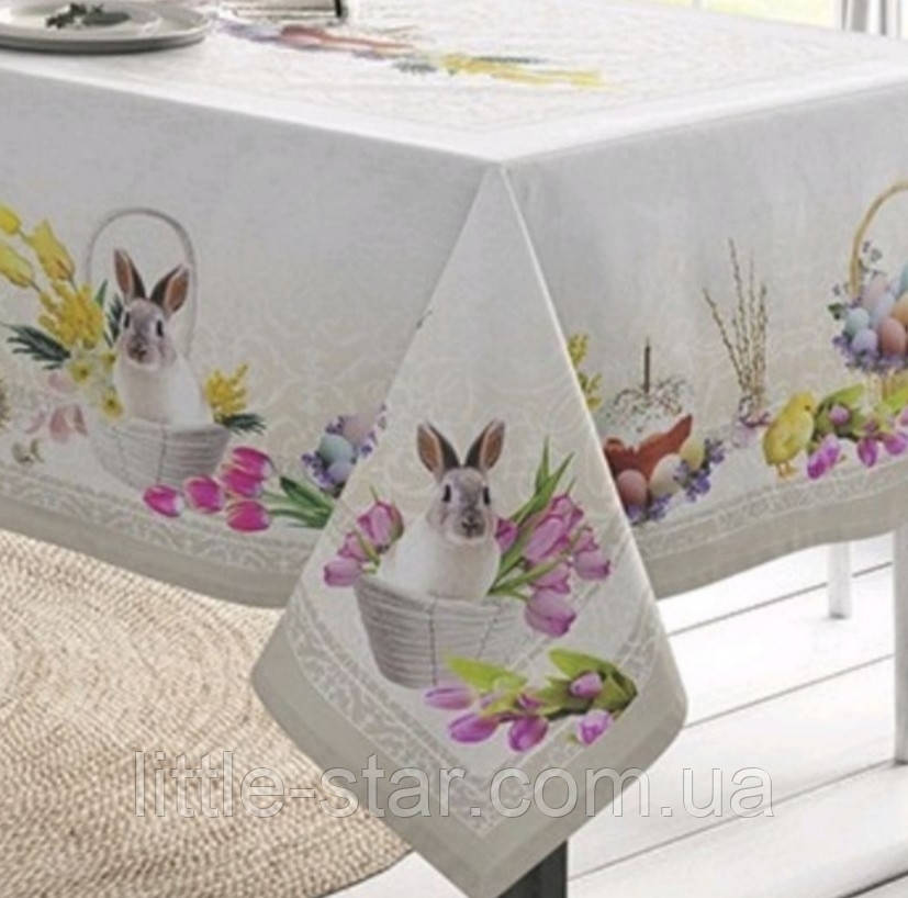 Скатертина великодня 144*274 см Кролик в кошику, водовідштовхувальна, Тиротекс, 100% бавовна, бежеввий