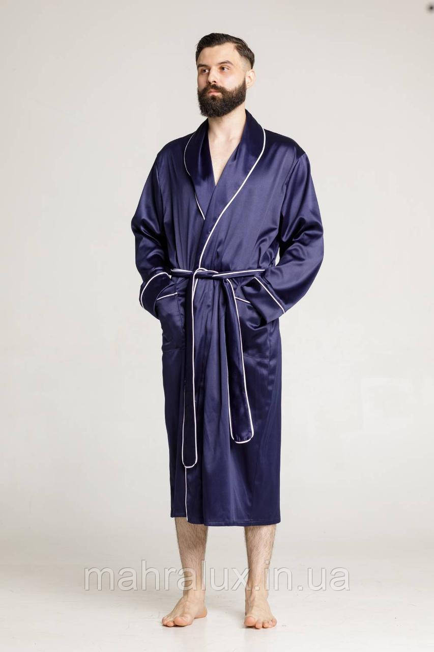 Чоловічий атласний халат темно-синій, фото 1