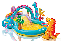 Надувной детский игровой центрIntex 57135 "Планета динозавров" 333*229*112,горка, душ, мячики, игрушки