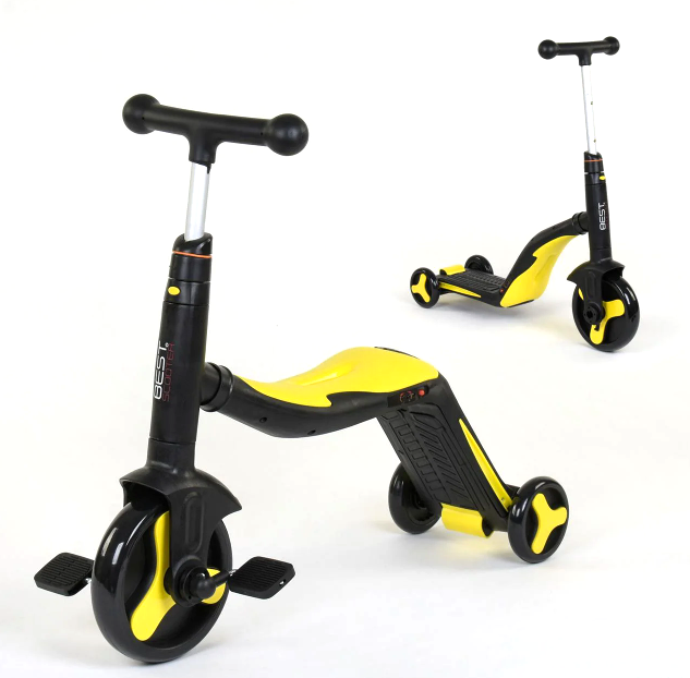 Самокат 3в1 триколісний беговел Best Scooter жовтий музика колеса PU переднє d-200мм задні d-110мм, фото 1