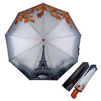 Зонт жіночий автомат THE BEST з Ейфелевою вежею та кленовим помаранчевим листям Сірий (5483)