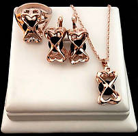 Булатний набір з чорними фіанітами. Позолота ЧВ. Кулон, ланцюжок 44 см, сережки та кільце у подарунок