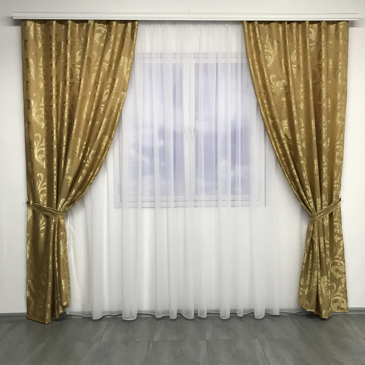 Штори з жаккарда в спальню, штори в інтер'єрі кімнати кухні, жакардові штори для дому Золотисті (SH-C32-9)