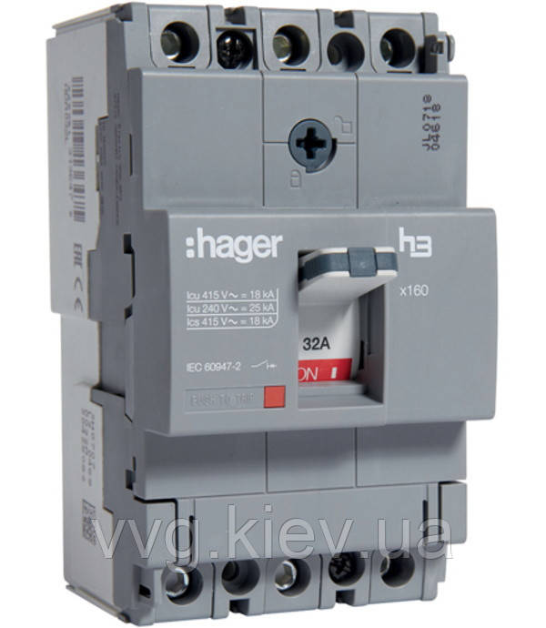 Автоматичний вимикач x160, In = 32 А, 3п, 18kA, Тфікс./Мфікс., Hager (HDA032L)