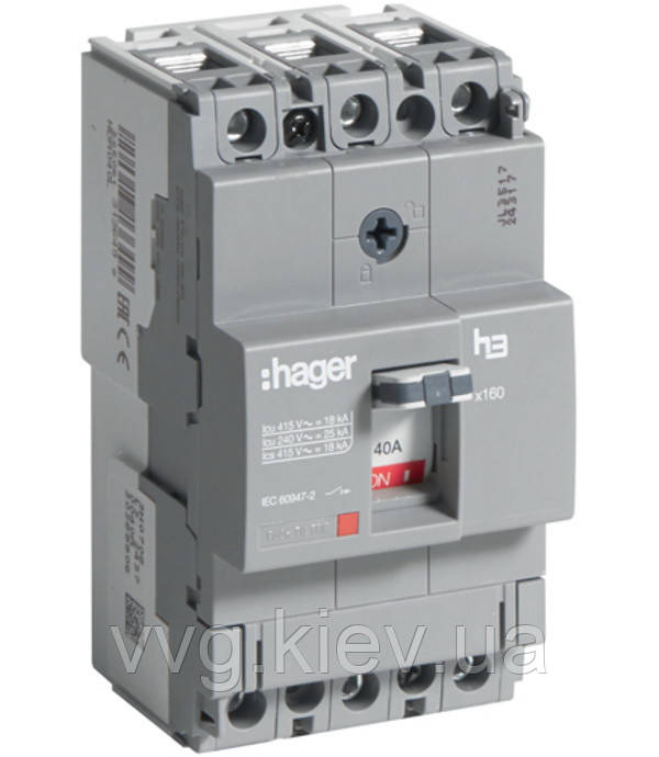 Автоматичний вимикач x160, In = 40 А, 3п, 18kA, Тфікс./Мфікс., Hager (HDA040L)