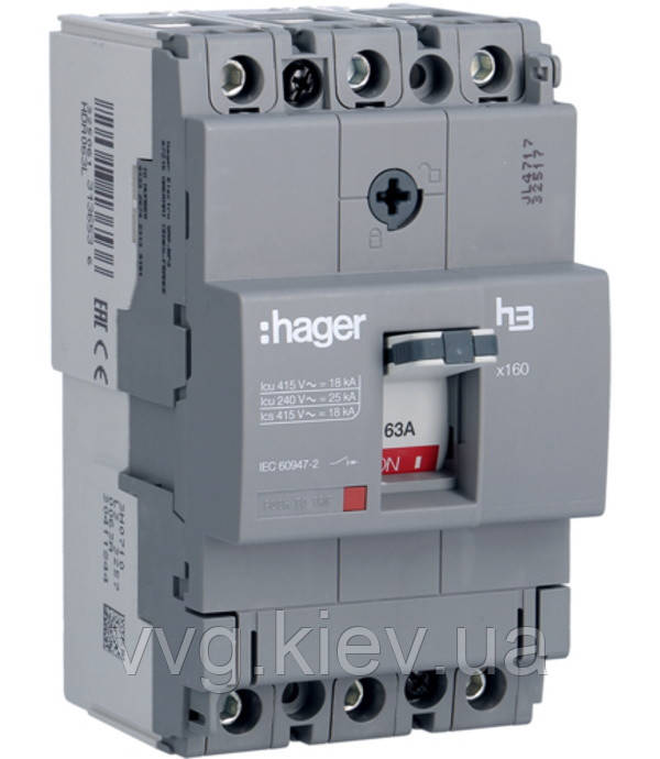 Автоматичний вимикач x160, In = 63 А, 3п, 18kA, Тфікс./Мфікс., Hager (HDA063L)