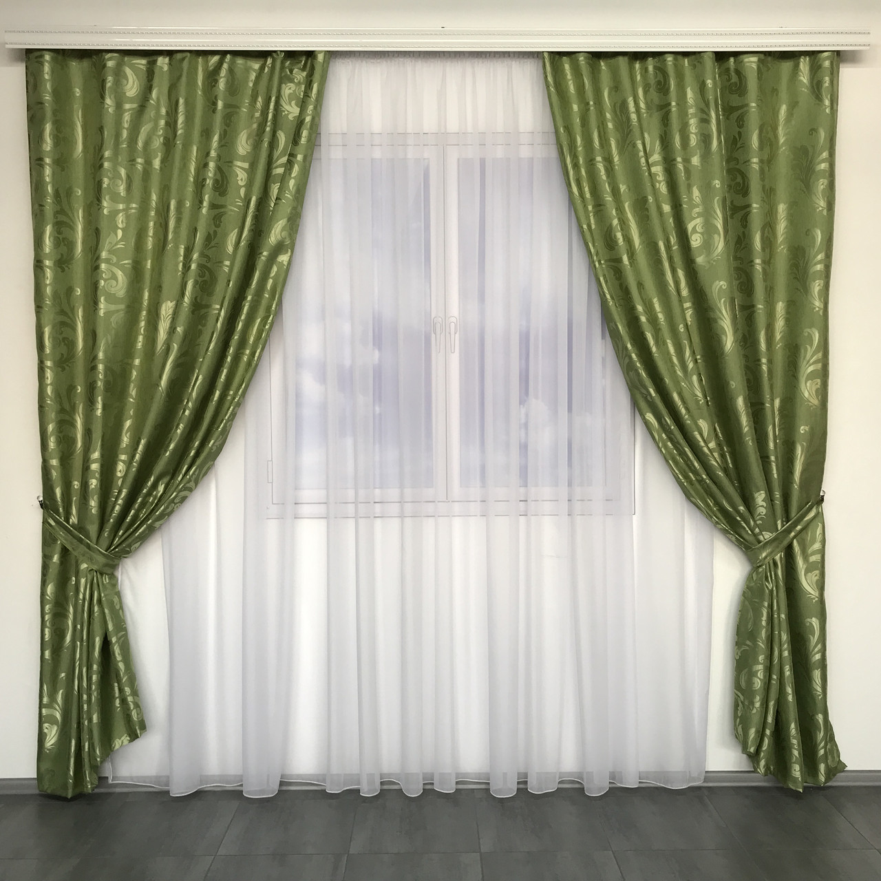 Сучасні класичні готові штори завитки жакард Салатові, комплект штор 270 см ALBO на вікно, фото 1