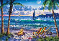 Алмазная вышивка "Костёр на берегу моря"море,луна,берег,прибой,полная выкладка ,мозаика 5d, наборы 30х40 см