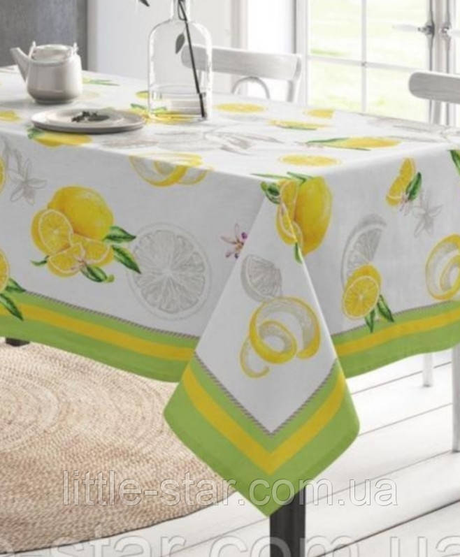 Скатертина водовідштовхувальна 144*194 см Лимони, Тиротекс, 100% бавовна, жовто-салатовий