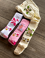 Детские демисезонные колготки для новорожденных KBS хлопок для девочек микс цветов с цветочками 3 пар/уп
