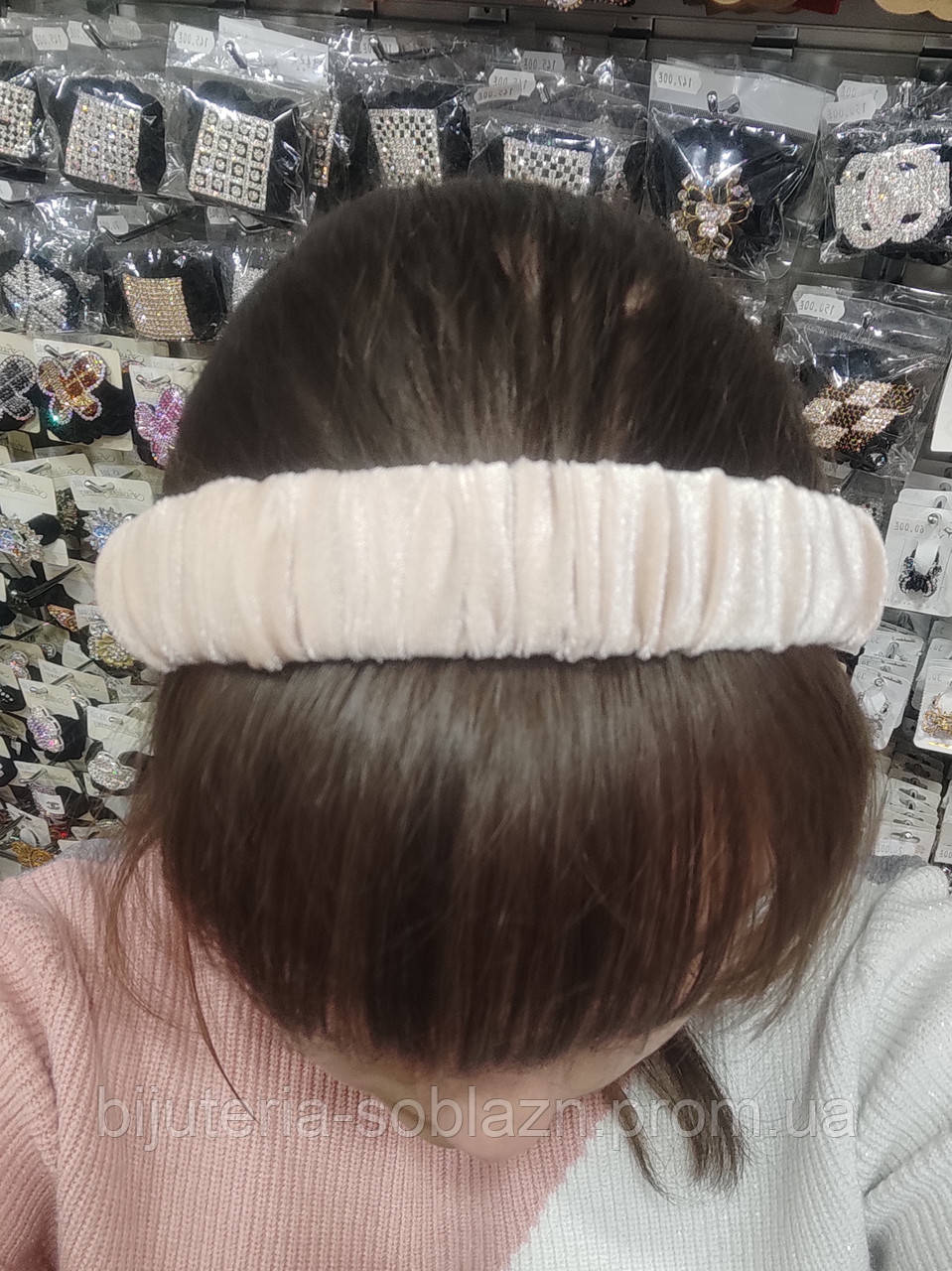 Обруч для волос бархатный велюр тканевый капрон Бежевый ширина 3 см сжатый - фото 2 - id-p520608100
