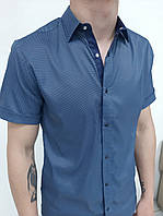 Мужская рубашка (шведка) с коротким рукавом, приталенная, темно-синяя в точечку, на кнопках, Турция