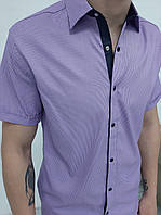 Мужская рубашка (шведка) с коротким рукавом, приталенная, хлопок с добавлением шёлка, на кнопках, Лаванда