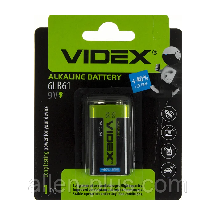 Батарейка лужна Videx 6LR61 9 V (Крона) 1 pcs BLISTER (12/96)