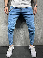 Джинсовые штаны зауженные, синего цвета (синие) мужские джинсы в обтяжку хлопок Турция