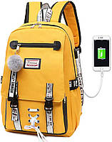 Шкільний підлітковий рюкзак для дівчаток Harvard з USB портом замочком і хутряним помпоном, Жовтий