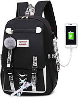 Шкільний підлітковий рюкзак для дівчаток Harvard з USB портом замочком і хутряним помпоном, Чорний