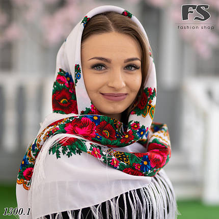 Біла Українська народна хустина Квіти України, фото 2