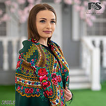 Українська зелена вовняна хустина Квіти України!, фото 3