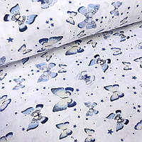 Ткань муслин Двухслойная бабочки акварель синие на белом (шир. 1,7 м) (MS-S-0297)