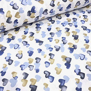 Тканина муслін Двошарова серця акварель синьо-бежеві на білому (шир. 1,7 м S) (MS-S-0054)