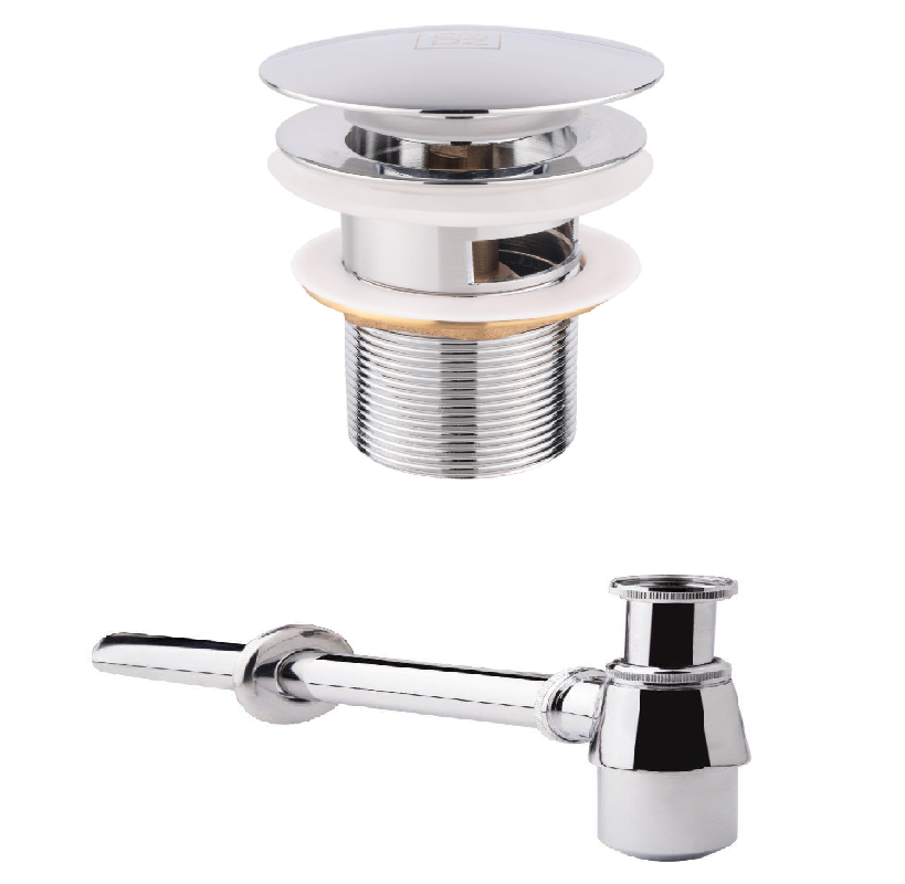 Сифон + Донний клапан для раковини з переливом, хром, Польща