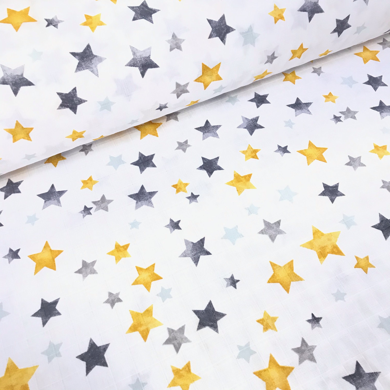 Тканина муслін Двошарова зірочки акварель жовто-графітові на білому (шир. 1,7 м) (MS-S-0294), фото 1