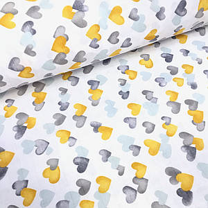 Тканина муслін Двошарова серця акварель жовто-графітові на білому (шир. 1,7 м S) (MS-S-0053)