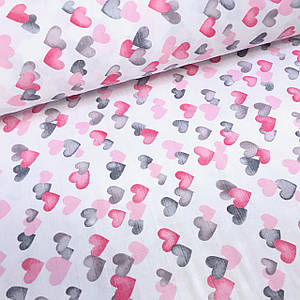 Тканина муслін Двошарова серця акварель сіро-рожеві на білому (шир. 1,7 м) (MS-S-0295)