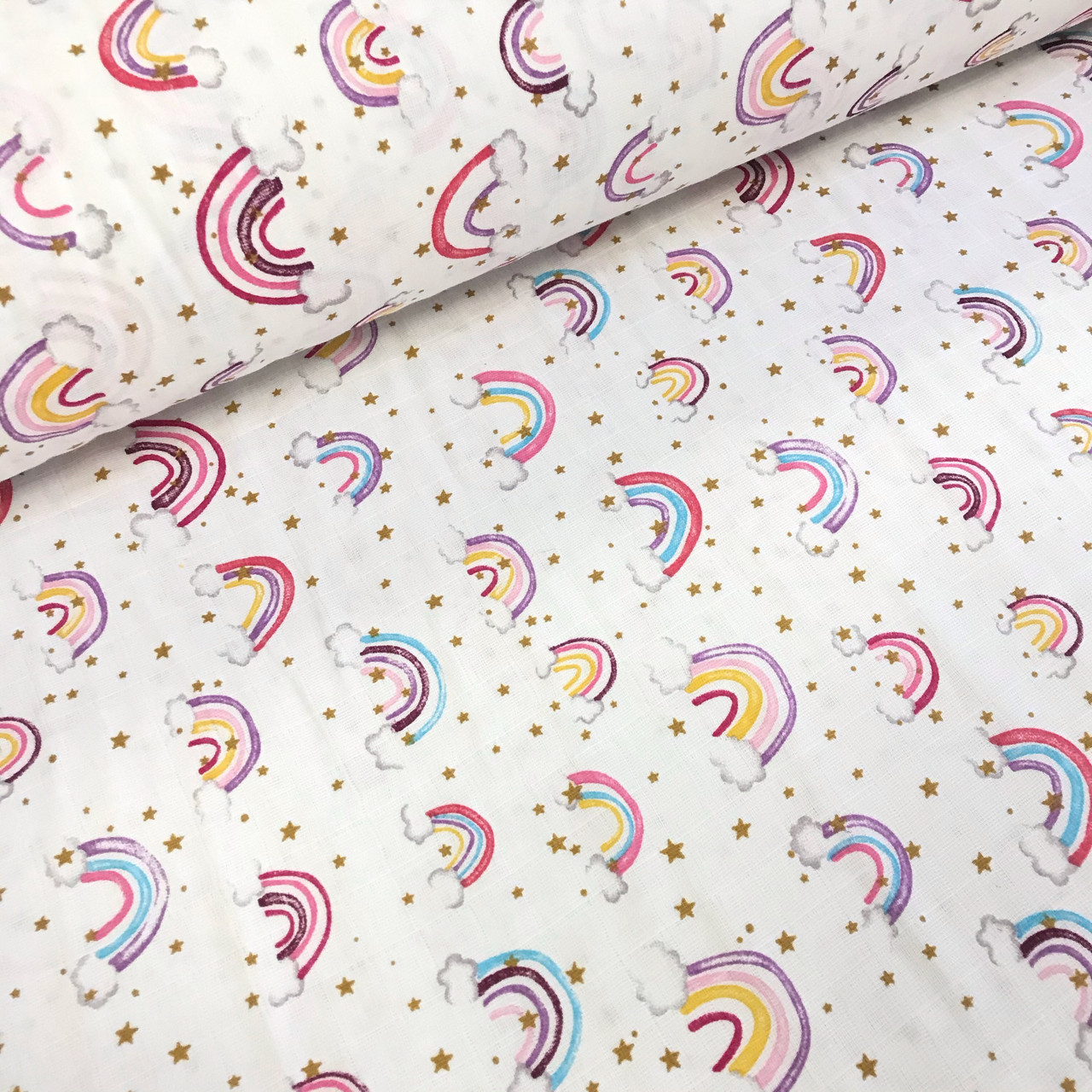 Тканина муслін Двошарова веселки-кварель малиново-фіолетові із зірочками на білому (шир. 1,7 м) (MS-S-0187), фото 1