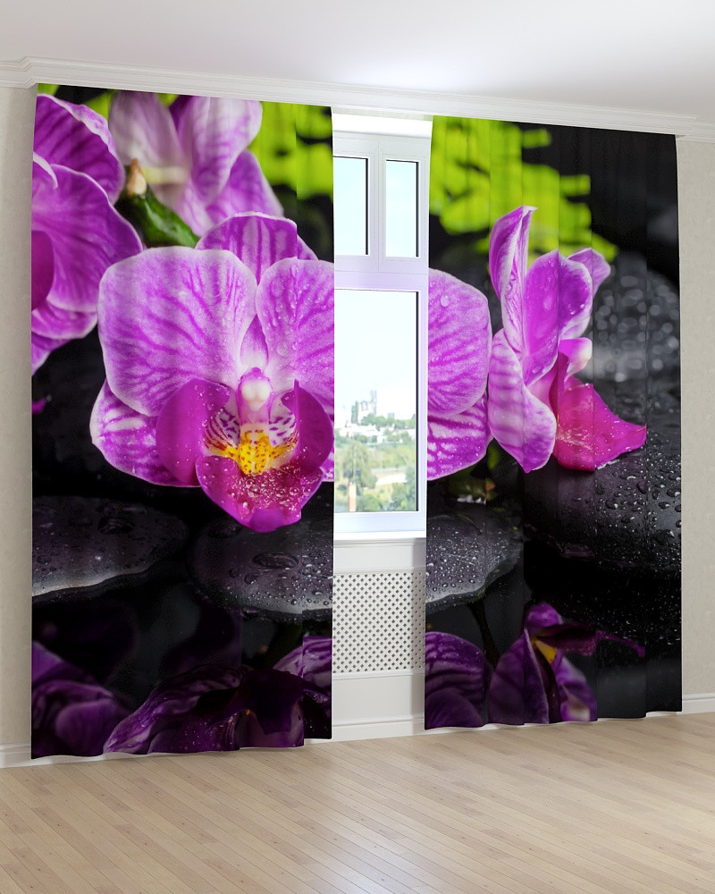 Фото штори орхідея на чорному камені