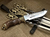Подарочный набор шампуров ручной работы "Лев" с охотничьим ножом, в кожаном колчане