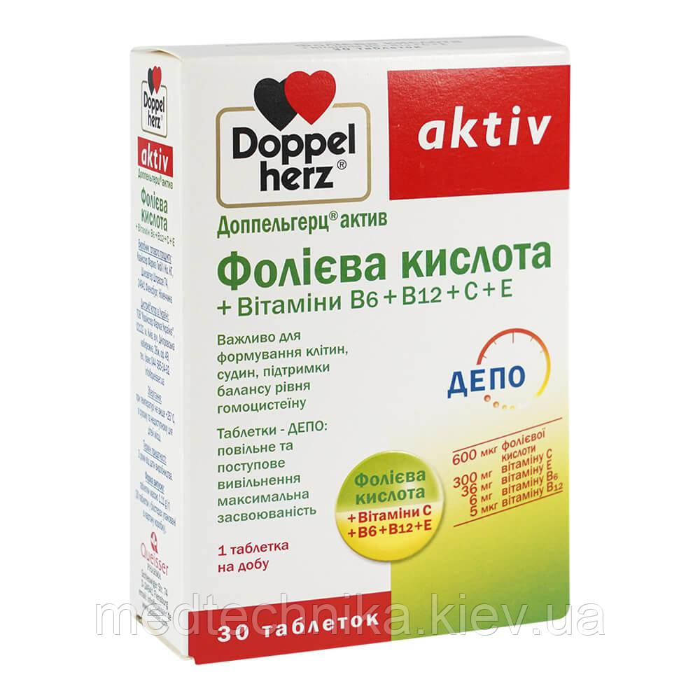Фолієва кислота + Вітаміни В6 + В12 + С + Е, 30 таблеток, Doppelherz, фото 1
