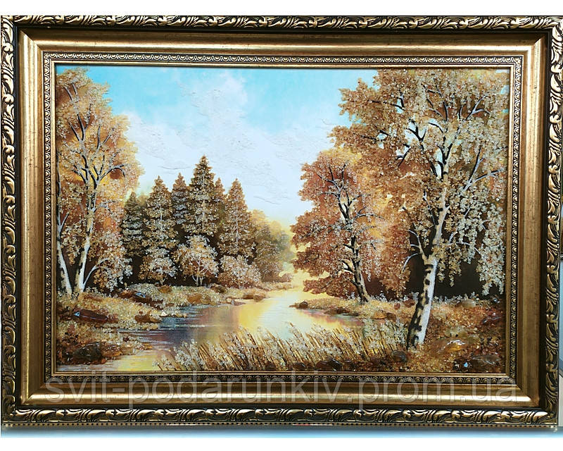 Пейзаж "Лісове озеро", велика красива картина з бурштину вдалий подарунок