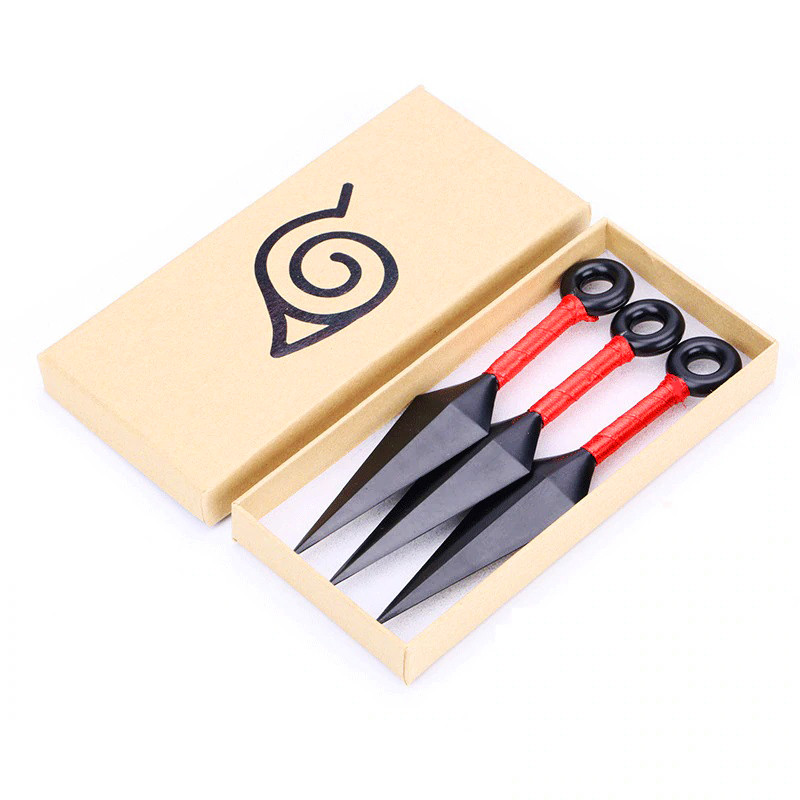 Фірмовий Набір Кунаїв з аніме Наруто: 3 Червоні Кунаї в Коробочці зі знаком Листа для Подарунку | Naruto Anime Cosplay, фото 1