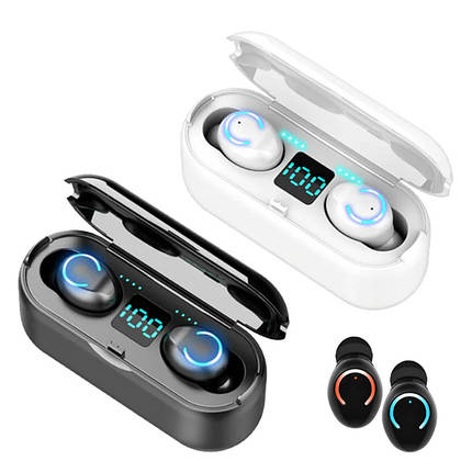 Бездротові вакуумні сенсорні навушники TWS F9 Bluetooth 5.0 гарнітура з мікрофоном для телефону Power bank, фото 1