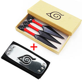 Фірмовий Набір Наруто: 3 Червоні Кунаї + Пов'язка Наруто: в Коробочці для Подарунку | Naruto Anime Cosplay