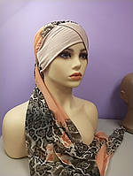 Чалма 54-60 рр шапка разноцветная шифоновая на повязке бежево персиковая летняя "Вуалька"