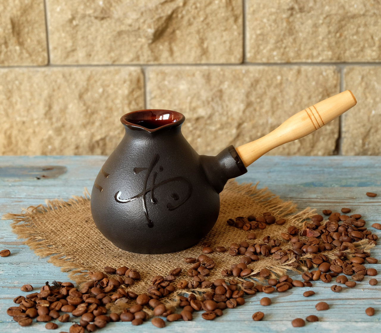 Турка Крапля Ієрогліф керамічна з дерев'яною ручкою 500 мл + розсікач, фото 1