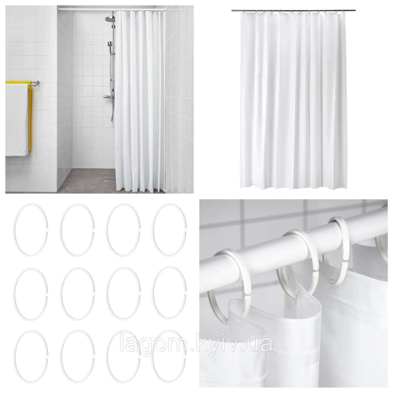 Шторка для ванни і душа з кільцями IKEA BJÄRSEN 180x200 см біла ІКЕА БЙАРСЕН