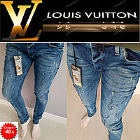 Женские джинсы стрейч Louis Vuitton, заниженные, с царапками, скинни, голубые.