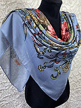Жіноча легка бавовняна хустка сіро-блакитний з квітами