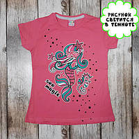 Світлонакопичувальна дитяча футболка "Русалонька" (рожевий) для дівчат, одяг для дітей, принт світиться в темряві 110