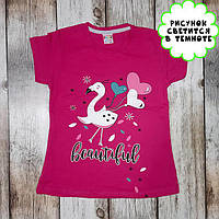 Світлонакопичувальна дитяча футболка "Птиця з кульками" (малина) для дівчат, одяг для дітей, принт світиться в темряві 110
