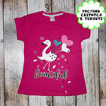 Світлонакопичувальна дитяча футболка "Птиця з кульками" (малина) для дівчат, одяг для дітей, принт світиться в темряві