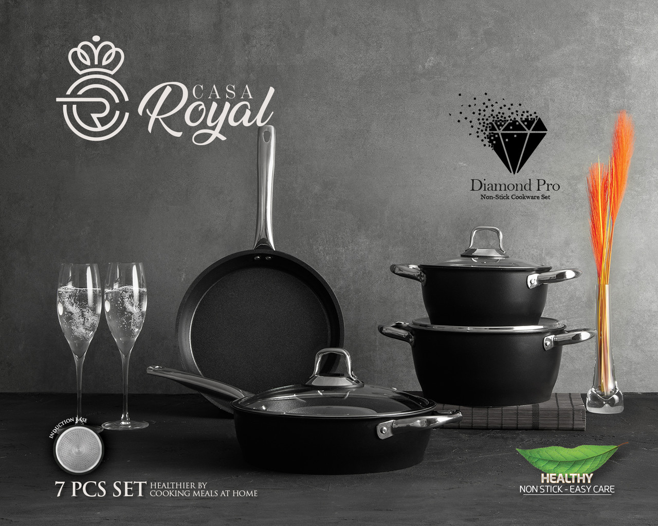 Набір якісного посуду Pearl Luxury від САЅА ROYAL з антипригарним покриттям "Greblon Diamond Pro" , 7 пр. Чорний
