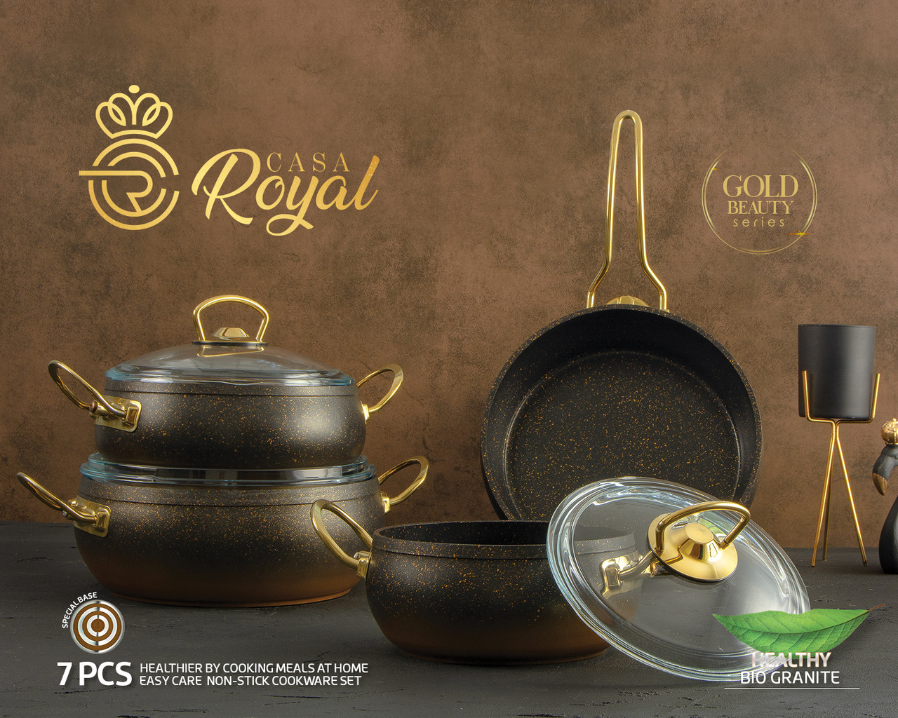 Набір посуду Gold Beauty від CASA ROYAL з антипригарним покриттям "Bio Granit", 7 предметів. Чорний з золотим
